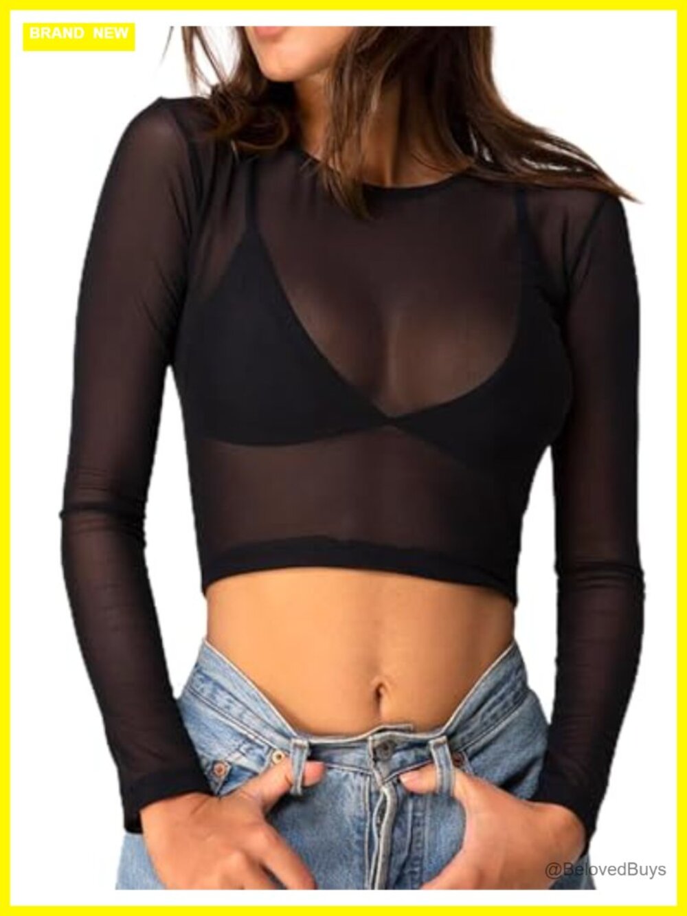 Sheer Mesh Crop Top Long Sleeve Pull On Layering Blouse